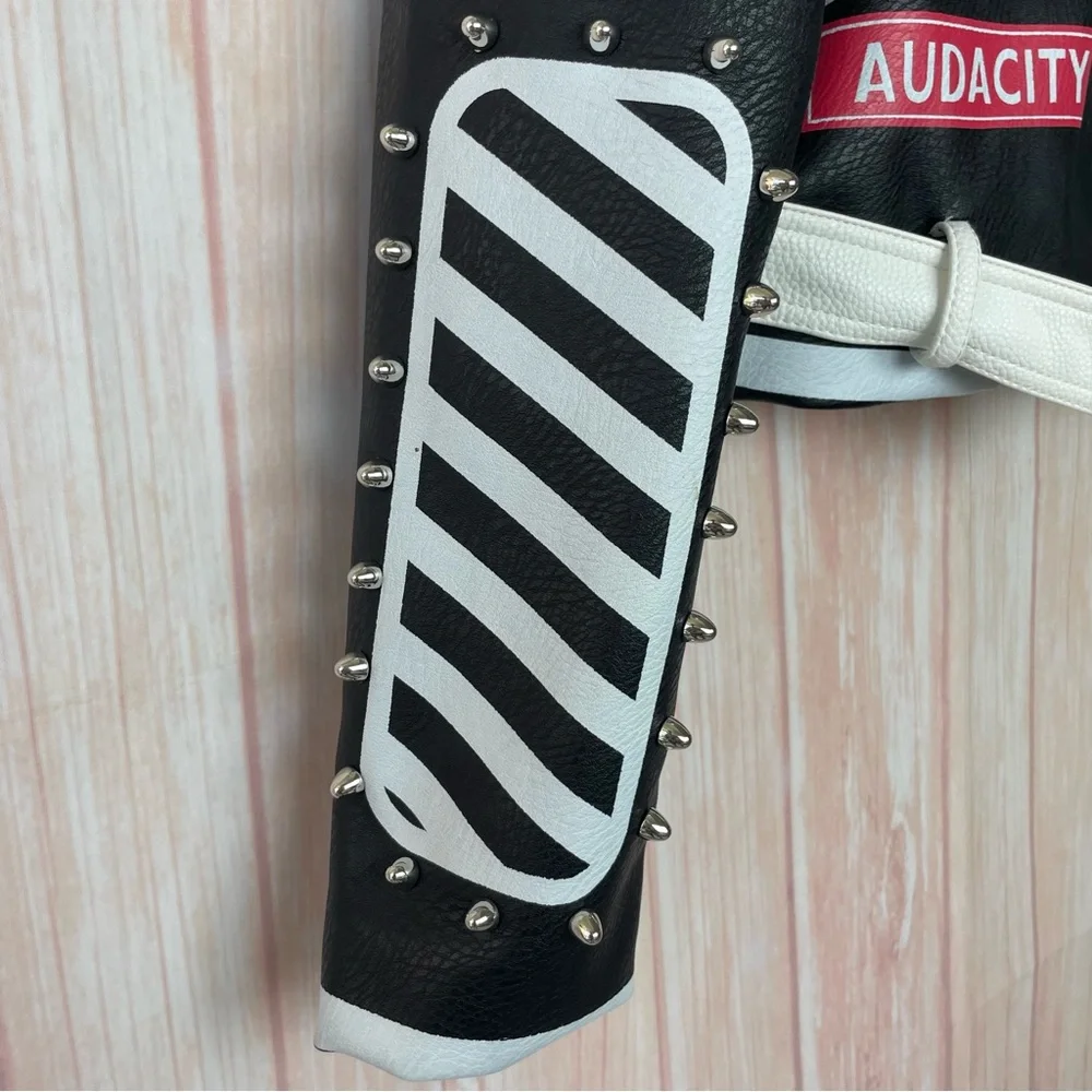 Azalea Wang Studded Black and White Graffiti Faux Leather Moto Jacket (1x) - Picture 2 of 16